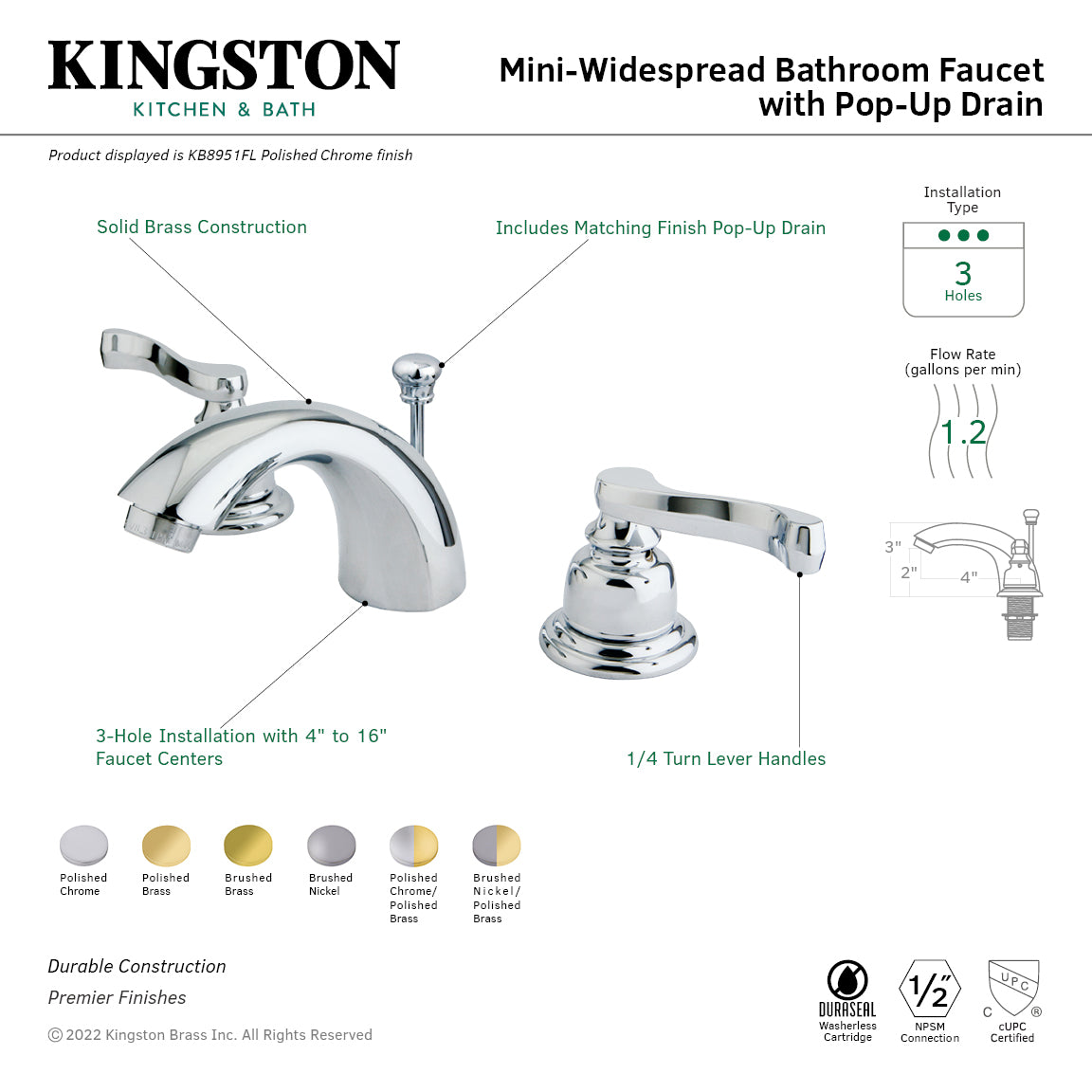 Kingston Tulare KB8958FL - Royale Two-Handle 3-Hole Deck Mount Mini-Widespread Bathroom Faucet with Pop-Up Drain, Brushed Nickel — thumbnail 2